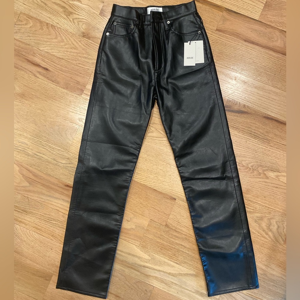 AGOLDE Black Recycled Leather 90s Pinch Waist Pants. High Rise.